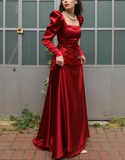 Niulatu Formal Burgundy Evening Dress with Long Sleeves HZ1007