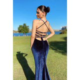 Niulatu Spaghetti Straps Navy Blue Velvet Long Mermaid Prom Dress Evening Dress HZ1007