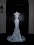 Niulatu Mermaid Sequin Beaded Evening Dress Blue Tulle Prom Dress HZ1007