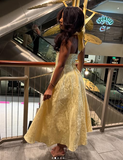 Niulatu Halter Deep V Evening Dress Yellow Satin Print Prom Dress HZ1007