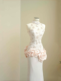 Niulatu Light Pink Satin Lace Sequin Beaded Evening Dress Slit Mermaid Prom Dress HZ1007