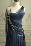 Niulatu Navy Blue Chiffon A Line Prom Dress Evening Dress HZ1007