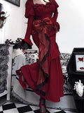 Vintage Mermaid Sweetheart Long Sleeves Burgundy Black Lace Summer 18th Birthday Dress Lolita Dress Birthday Outfits HZ1214