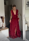 Niulatu Burgundy Chiffon Ruffles Evening Dress Slit Prom Dress HZ1007