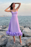 Niulatu A line Spaghetti Straps Lilac Satin Evening Dress Ruffles Prom Dresses HZ1110