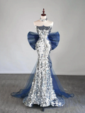 Niulatu Silver Sequins Mermaid Evening Dress Long Prom Dress With Bow HZ1007