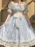 Sweet A line Blue Lace Tulle Short Sleeves 16th Birthday Dress Lolita Dresses Summer Birthday Outfits HZ1214