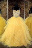 Niulatu sweetheart tulle sequin long prom dress, yellow evening dress HZ0113