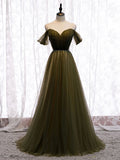 Niulatu green v neck tulle long prom dress green evening dress HZ1110