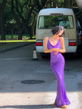 Niulatu Shiny Purple Mermaid Straps Sequin Long Prom Dress Vacation Dress HZ0113
