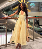 Niulatu Halter Deep V Evening Dress Yellow Satin Print Prom Dress HZ1007