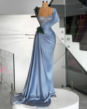 Niulatu Blue Satin Beaded Mermaid Evening Dress Long Formal Prom Dress HZ1007