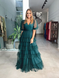 Niulatu A-line V Neck Tulle Multi-layered Prom Dress Green Evening Dress HZ1007
