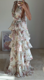 Niulatu Chiffon Print Floral A Line Backless Prom Dress V Neck Halter Layered Evening Dress HZ1007