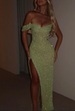 Niulatu Sage Green Sequins Off-The-Shoulder Split Prom Dress Formal Evening Gown HZ1007