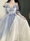 Sweet A line Sweetheart Blue Chiffon Floral Long 16th Birthday Dress Lolita Dress Birthday Outfits HZ1214
