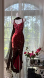 Niulatu Mermaid Straps Beaded Burgundy Chiffon Prom Dress Wedding Guest Dress HZ0113