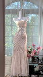 Niulatu Apricot Mermaid Spaghetti Strap Beaded Chiffon Prom Dress Wedding Guest Dress HZ0113