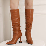 Niulatu Sexy Women Knee High Pleated Boots Warm Winter Fashion Black Mid Calf Boots Woman's Comfort Noble Stiletto Shoes Big 43 DJSE
