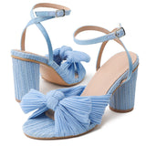 Niulatu Bridal Bowknot Pleated High Heeled Women's Sandals 2025 Design Ankle Strappy Round High Heels Elegant Ladies Shoes DJSE
