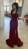 Niulatu Sheath Spaghetti Straps Burgundy Slit Long Evening Dress Prom Dresses SD1731