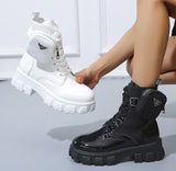 Niulatu Punk Ankle Platform Motorcycle Martin Boots Women Lace Up Chunky Heel Belt Buckle Pocket Designer Shoes Women DJSE