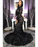 Niulatu Neck Shiny Appliques Black Girl Prom Dresses | Mermaid Long Sleeve Evening Gowns HZ0113