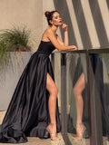 Niulatu Sleek Black Spaghetti Straps Long Prom Dress with Slit and HZ1007