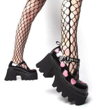 Niulatu to College Round Toe Heart Print Ankle Strap Chunky Goth Platform Women Shoes Trendy Punk Marry Janes Pumps Square Heels Street Style DJSE
