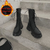 Niulatu Women Motorcycle Boots Wedges Flat Shoes Woman High Heel Platform PU Leather Boots Lace Up Women Shoes Black Boots Girls DJSE