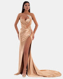 Niulatu V-Neck High Slit Pleated Strapless Royal Blue Prom HZ1007