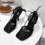Niulatu Sandy Beach Mesh Hollow Summer Sandals Women Travel Cross-Tied Thin Heels High Shoes 2025 Sexy Zapatillas Mujer DJSE