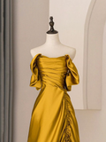 Niulatu A-Line Satin Long Prom Dress Off The Shoulder Pleated Evening Dress HZ1007