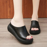 Niulatu Women Sandals 7.5cm Platform Wedges Women's Shoes Thick Heel Open Peep Toe Sandals Leather Summer Style Slide Black Shoes DJSE