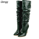 Niulatu Pleated Knee High Boots Women Autumn Winter Super High Heels Long Boots Ladies Popular Party Shoes Black White DJSE