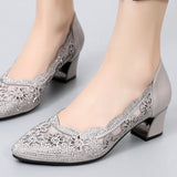 Niulatu Fashion Hollow Out Genuine Leather Pumps Women Shoes Med Heels Square Heel Mesh Ladies Office Shoes Crystal AD299 DJSE