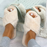 Niulatu Fluffy Slippers Women Cozy Faux Fur Cross Indoor Floor Slides Flat Soft Furry Shoes Ladies Female Celebrities Flip Flops DJSE