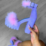 Niulatu to college Women Sandals Fluffy High Heels Summer Fur Shoes 2025 Casual Ankle Buckle Fashion Shoes Non-Slip Outside Sandals Big Size 43 DJSE