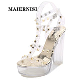 Niulatu Rivet Sandals Women Crystal High Heel 13cm Silver Female Sandals Sexy Waterproof Platform Steel Pipe Model Show Shoes DJSE