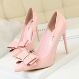 Niulatu Shoes Pink Heels Woman Blue Sweet Bow Women White High Heels Matte Leather Pumps Thin Heel Pointed Ladies high heels DJSE