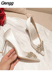Niulatu Women Bridal Shoes Wedding Shoes High Heels Satin Silk Pumps Female Stiletto Luxurious Pointed Diamond Party Shoes DJSE