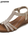 Niulatu Women Wedges Gladiator Sandals Bohemia Open Toe Leisure Platform Beach Shoes Sandals Ladies Comfy Metallic Summer Heeled Shoes DJSE