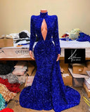 Niulatu Sapphire Sequined Mermaid Prom Dress with High Neck and Long HZ1007