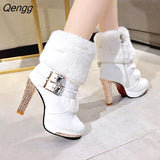 Niulatu Women Boots Christmas Ankle Boots High Heels Ladies Shoes Femme Warm Elegant Short Boots Red Black Shoes Plus Size DJSE