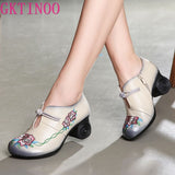 Niulatu Women Embroidery Pumps Grey Lady 6CM High Heels Shoes Handmade Women Genuine Leather Pumps Autumn Shoes DJSE