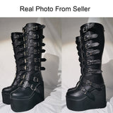 Niulatu Size 48 Brand Design Platform Wedges Goth Black Mid Calf Motorcycle Boots Women Buckle Trendy Cool Punk Zipper Women Shoes DJSE