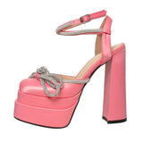 Niulatu Women Pumps Elegant Party Shoes Butterfly-Knot Crystal Hoof Heel Platform Square Toe High Heel Dress Shoes DJSE