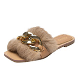 Niulatu Size Plush Furry Fluffy Women Slippers White Flat Outdoor Autumn Shoes Fashion Chain Fur Slipper Slip on Woman Mules DJSE