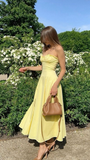 Niulatu Yellow Strapless A Line Evening Dress Strapless Long Prom Dress Party Dress With Slit HZ1007