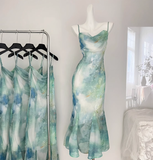 Cute Mermaid Spaghetti Straps Green Long Summer Dress For Women HZ1214
